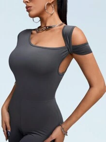 Innovista Women's Solid Asymmetrical Collar Short Sleeve Flared Jumpsuit - Grey - View 7