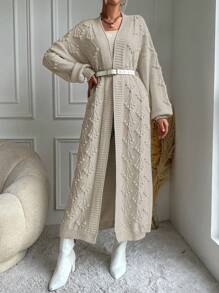 EURMUSE Drop Shoulder Open Front Cardigan Without Belt - White - View 3