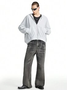 NEON BLANC Sudadera con capucha de manga corta raglán con logotipo bordado lavado, caja de punto, adecuada para otoño e invierno - Gris Claro - Ver 3