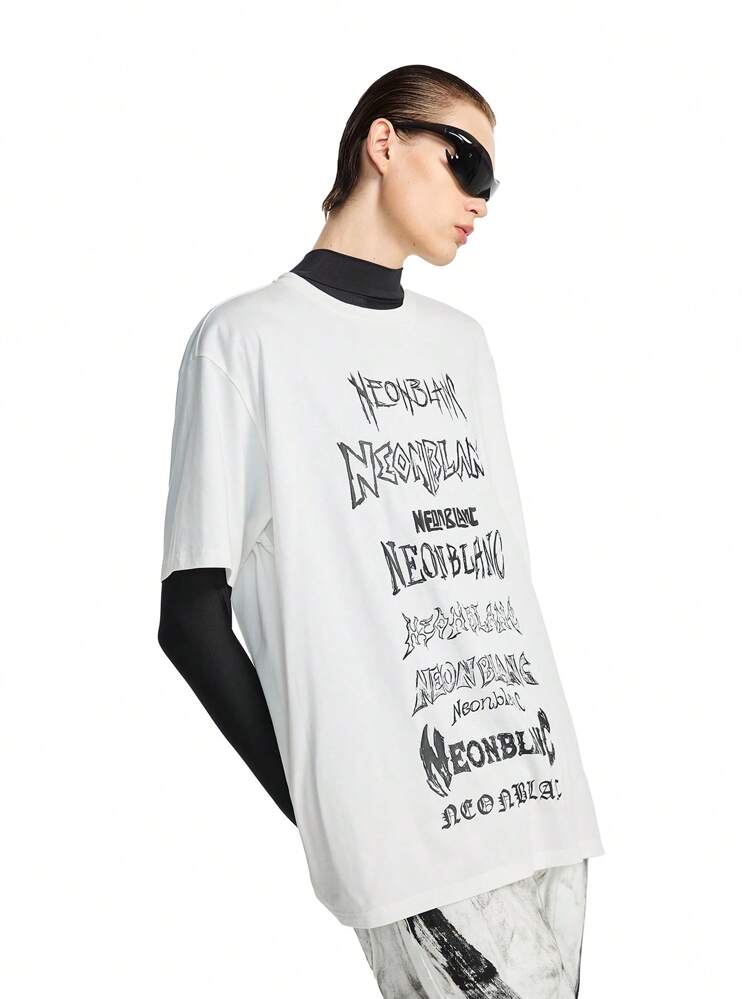 Men Dropped Shoulder Round Neck Black & White Letter Print Short Sleeve T-Shirt, Street Wear, For Rapper, For Going Out