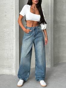 EURMUSE Washed Blue Mid-Rise Casual Pants With Front Pockets, Waist Adjustable Band - Medium Wash - View 4