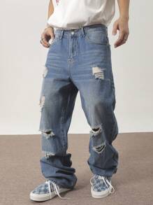 Manfinity EMRG Men's Casual Loose Fit Wide Leg Jeans With Ripped Details And Pockets, Baggy Jeans Men, Ripped Baggy Jeans, Oversized Jeans Men, Men Ripped Jeans, Men Jeans - Medium Wash - View 3