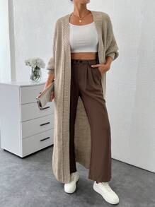 SHEIN Tall Drop Shoulder Open Front Longline Cardigan - Apricot - View 6