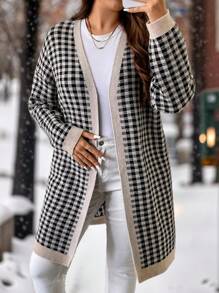 SHEIN Clasi Plus Size Houndstooth Pattern Cardigan Sweaterbusiness Casual Woman,Work Wear,Fall Wedding Guest Dress, - Khaki - View 6