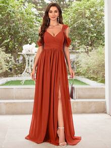 UNITHORSE Solid Color Chiffon Bridesmaid Dress With Thigh-High Slit, Short Sleeve - Burnt Orange - View 6