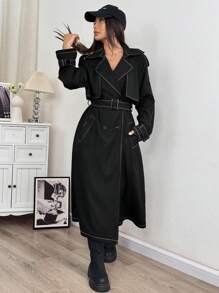 SHEIN EZwear Black Double Breasted Belted Trench Coat Autumn Winter Clothes For Women - Black - View 7