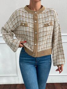 EURMUSE Spring Autumn Casual Plaid Chiffon Short Cardigan - Khaki - View 3