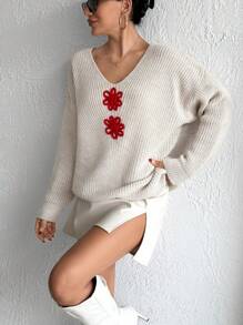 EURMUSE Women Solid Color Flower Accessory Detailed V-Neck Drop Shoulder Pullover - Beige - View 3