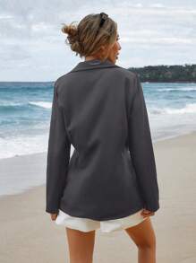SHEIN Cottnline Women's Solid Color Long Sleeve Simple Casual Lapel Neck Blazer - Grey - View 2