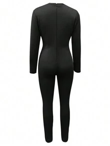 女士纯色深 V 领保暖内衬连体裤 - 黑色 - 查看 2