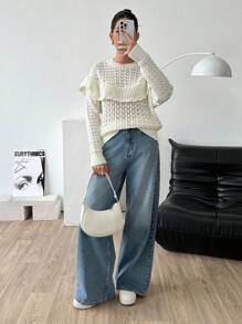 EURMUSE Crochet Cutout Ruffle Hem Pullover Sweater - Beige - View 5