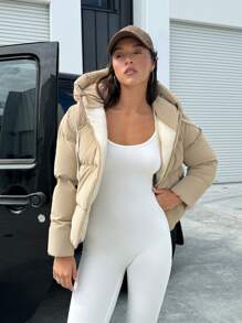 EURMUSE BEIGE HIGH QUALITY FABRIC WOMEN WINTER COAT WITH GOLD ZIPPER DETAIL - Beige - View 6