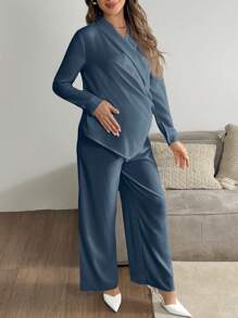 SHEIN 2 件套孕妇简约纯色长袖褶皱上衣和裤子套装 - 藍色 - 查看 7