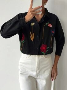 EURMUSE Oversized Embroidered Floral Casual Long Sleeve Shirt - Black - View 4