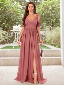 UNITHORSE 女士优雅褶皱开衩简约短袖雪纺伴娘礼服 - 藕粉色 - 查看 4