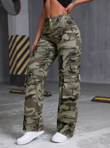 SHEIN Tall 女士前扣口袋迷彩牛仔工装裤，日常休闲穿着