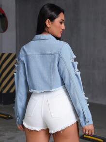 SHEIN Tall Casual Frayed Button-Up Distressed Washed Denim Jacket, Autumn - Light Wash - View 2