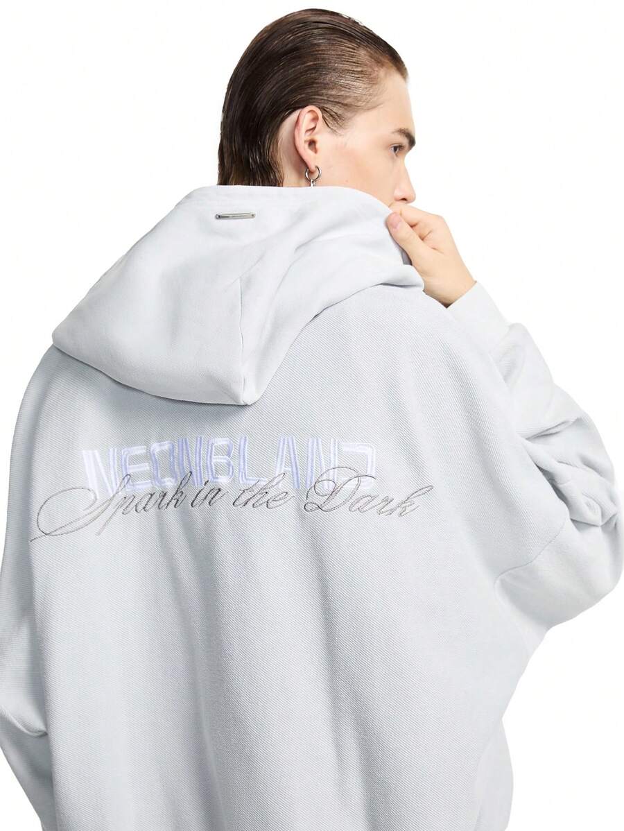 NEON BLANC Sudadera con capucha de manga corta raglán con logotipo bordado lavado, caja de punto, adecuada para otoño e invierno - Gris Claro - Ver 1