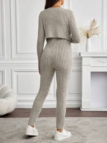 SHEIN 2pcs/Set Maternity Casual Solid Color Ribbed Camisole Jumpsuit And Single-Breasted Cardigan T-Shirt - Apricot - View 2