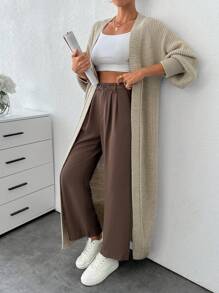 SHEIN Tall Drop Shoulder Open Front Longline Cardigan - Apricot - View 7