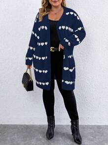 Calvaya Plus Size Heart Pattern Casual Cardigan For Autumn And Winter - Blue - View 4
