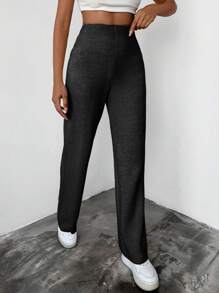 EURMUSE Women's Casual Solid Color High Waist Straight Leg Knit Pants - Dark Grey - View 3