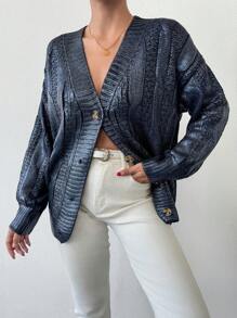 EURMUSE Women Gold Coating Detailed Oversize Shaped Cardigan - Navy Blue - View 2