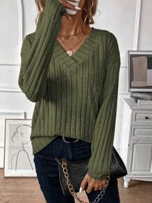 EMERY ROSE Women's Solid Color V-Neck Drop Shoulder Long Sleeve Ribbed Casual Sweatshirt, Autumn Pullover Fall - Army Green - View 5
