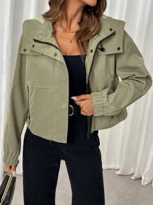 SHEIN LUNE Women Stand Collar Hooded Hem Elastic Waist Contrast Zipper Casual Sports Hiking  Jacket For Autumn Winter - Army Green - View 3