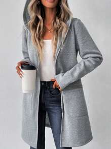 SHEIN LUNE 女士秋季宽松落肩连帽外套，休闲中长款，拉链装饰 - 灰色 - 查看 3