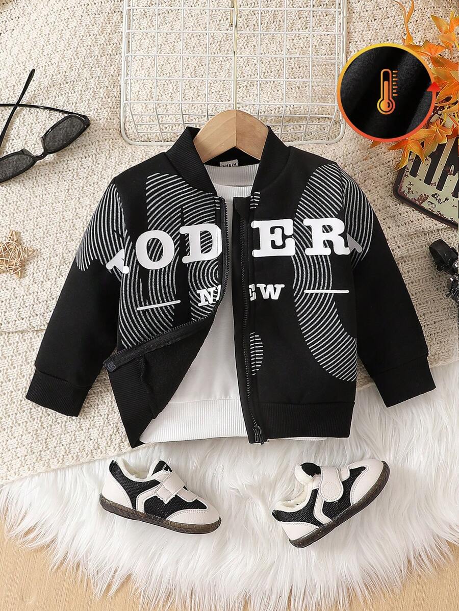 Baby Boys Letter Print Zip-Up Fleece Jacket With Hoodie, Warm Activewear Outwear, Autumn/Winter - Black and White - View 1
