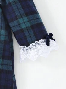 SHEIN 女婴优雅宫廷风蕾丝领格子柔软羊毛连衣裙，适合外出、圣诞节、生日、1 岁生日礼物 - 墨綠色 - 查看 6