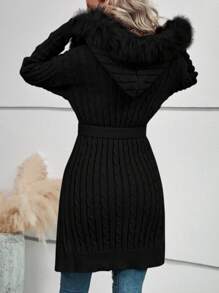 SHEIN LUNE Solid Color Fluffy Knot Detail Long Sleeve Cardigan,Long Sleeve Tops Fall Winter Cloth For Women - Black - View 2