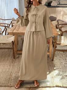 SHEIN LUNE 纹理面料系带衬衫和 A 字中长裙两件套 - 杏色 - 查看 4