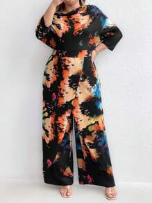 SHEIN LUNE Plus Size Women Color Block Cold Shoulder Jumpsuit
