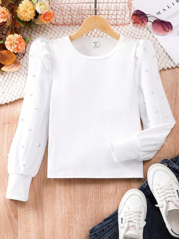 SHEIN Tween Girls Preto Cor Sólida Feito à Mão Contas Manga Bufante Casual T-Shirt