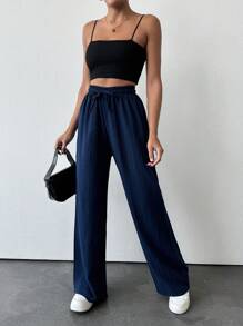 EURMUSE Petite Women's Solid Color Long Waist Drawstring Pants - Navy Blue - View 4