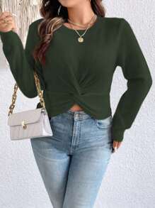 SHEIN Unity Suéter corto de punto de unicolor con dobladillo retorcido, para otoño e invierno, talla grande - Verde - Ver 3