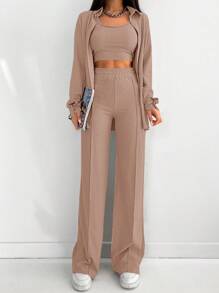 EURMUSE 1pc Solid Button Front Shirt & 1pc Wide Leg Pants - Apricot - View 4