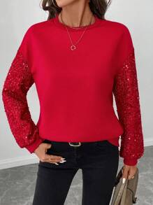 SHEIN LUNE Embellished Sequin Patchwork Red Women Sweatshirt For Christmas Party Autumn Winter Clothes For Women - Red - View 4