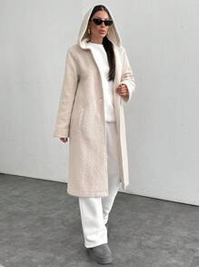 SHEIN Cottnline Women's Solid Color Long Sleeve Hooded Pockets Long Cardigan For Fall/Winter - Beige - View 3