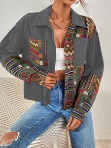 SHEIN LUNE Áo khoác nữ tay dài họa tiết hình học trễ vai, ngắn thường ngày, mùa thu - Xám - Xem 6