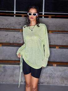 Streetz SHEIN Sport 圆领纯色抽绳不对称下摆长袖运动衫 - 綠色 - 查看 3