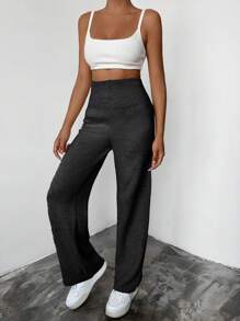 EURMUSE Women's Casual Solid Color High Waist Straight Leg Knit Pants - Dark Grey - View 4