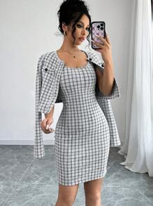 Selianne 女士春秋优雅黑白格子黑色金扣短夹克和吊带裙 2 件套 - 黑與白 - 查看 1