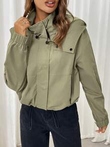 SHEIN LUNE Women Stand Collar Hooded Hem Elastic Waist Contrast Zipper Casual Sports Hiking  Jacket For Autumn Winter - Army Green - View 6