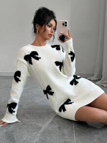 Selianne Women's Casual Bowknot Short Sweater Dress For Autumn And Winter Fall Cloth For Women - Black and White - View 6