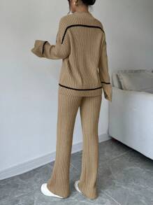 Elenzga 2pcs Set Casual Ribbed Knit Dropped Shoulder Loose Sweater And Pants For Autumn/Winter - Apricot - View 2