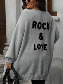 SHEIN LUNE 大码休闲字母印花落肩宽松开衫，适合冬季