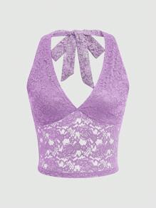 INAWLY Women's Elegant Solid Color Lace Backless Halter Top, Summer